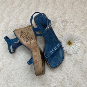 Vintage Y2k Deadstock Lower East Side Square Toe Blue Denim Wedge Sandal